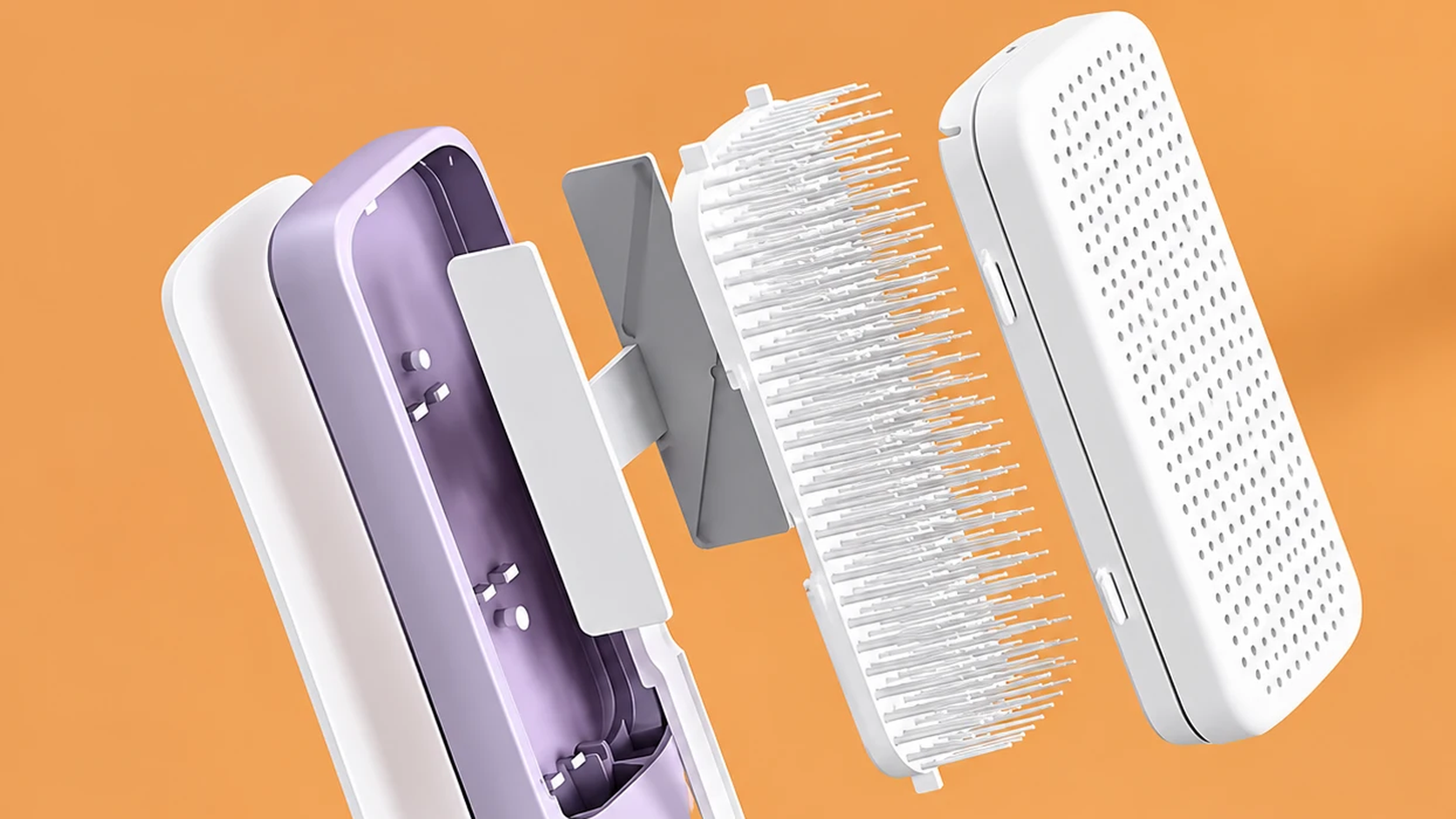 The VAYLIORA hairbrush standing on a travertine tray, light purple