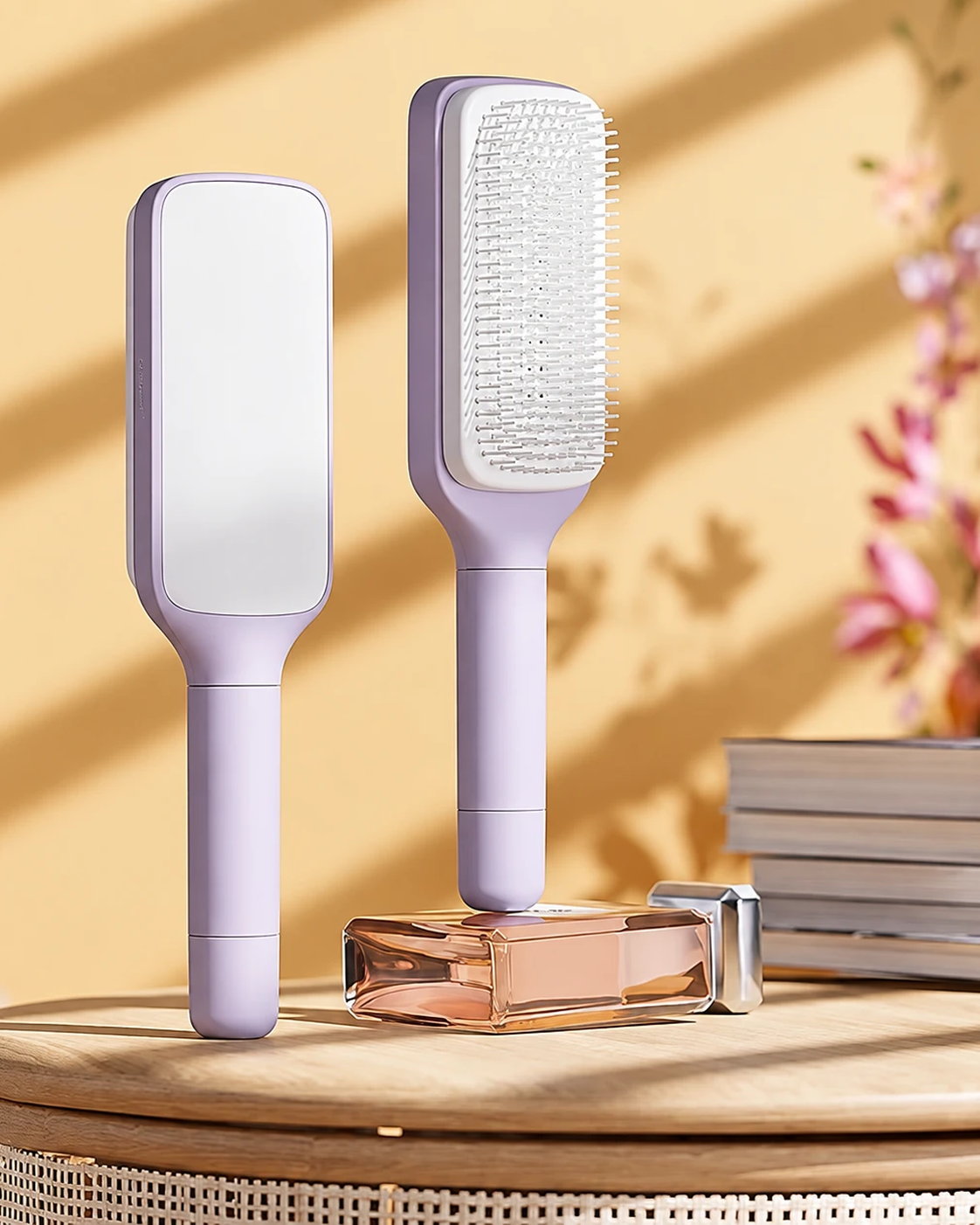 VAYLIORA Self-Cleaning Hairbrush, light purple, on a travertine pedestal