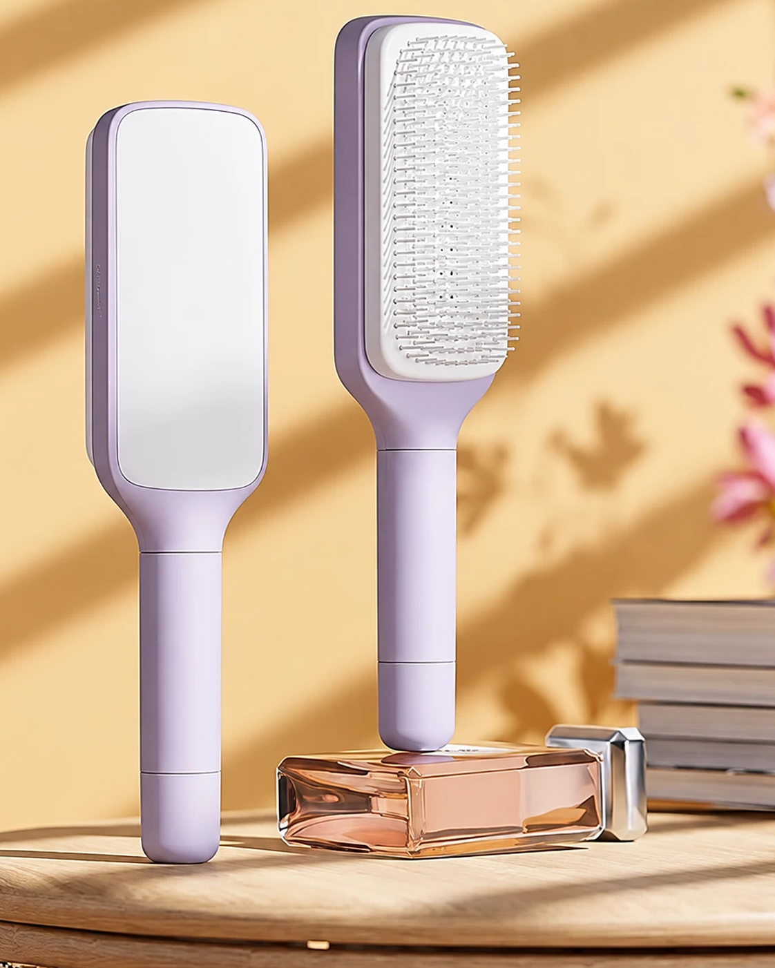 VAYLIORA Self-Cleaning Hairbrush and mirror, light purple, on a stone pedestal