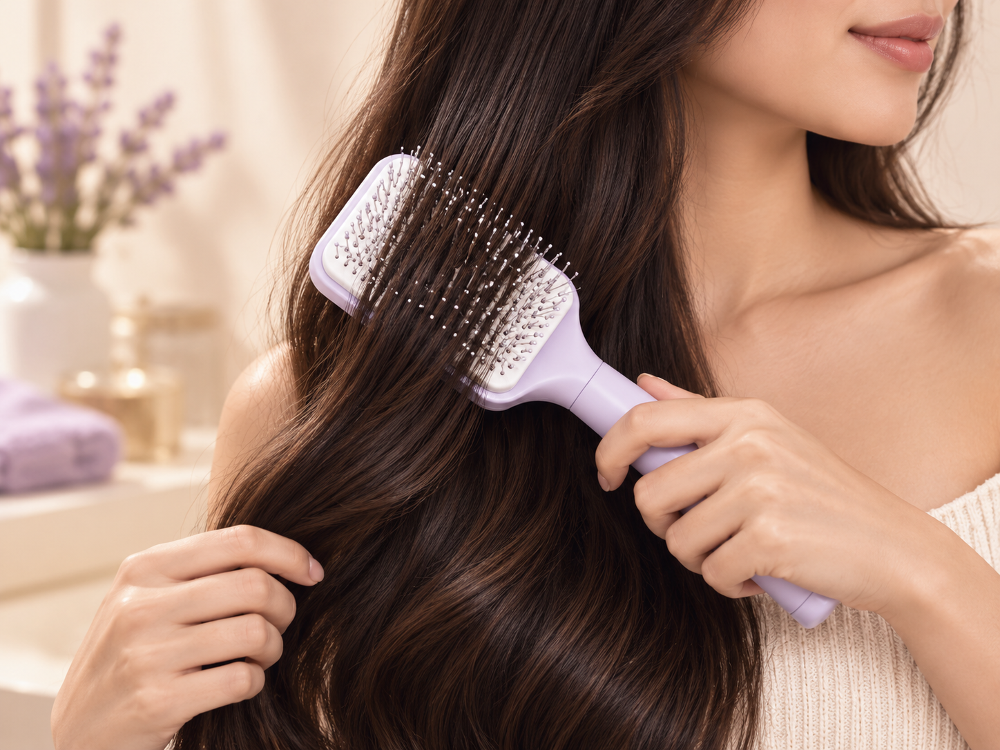 Brushing through hair with the VAYLIORA hairbrush, light purple