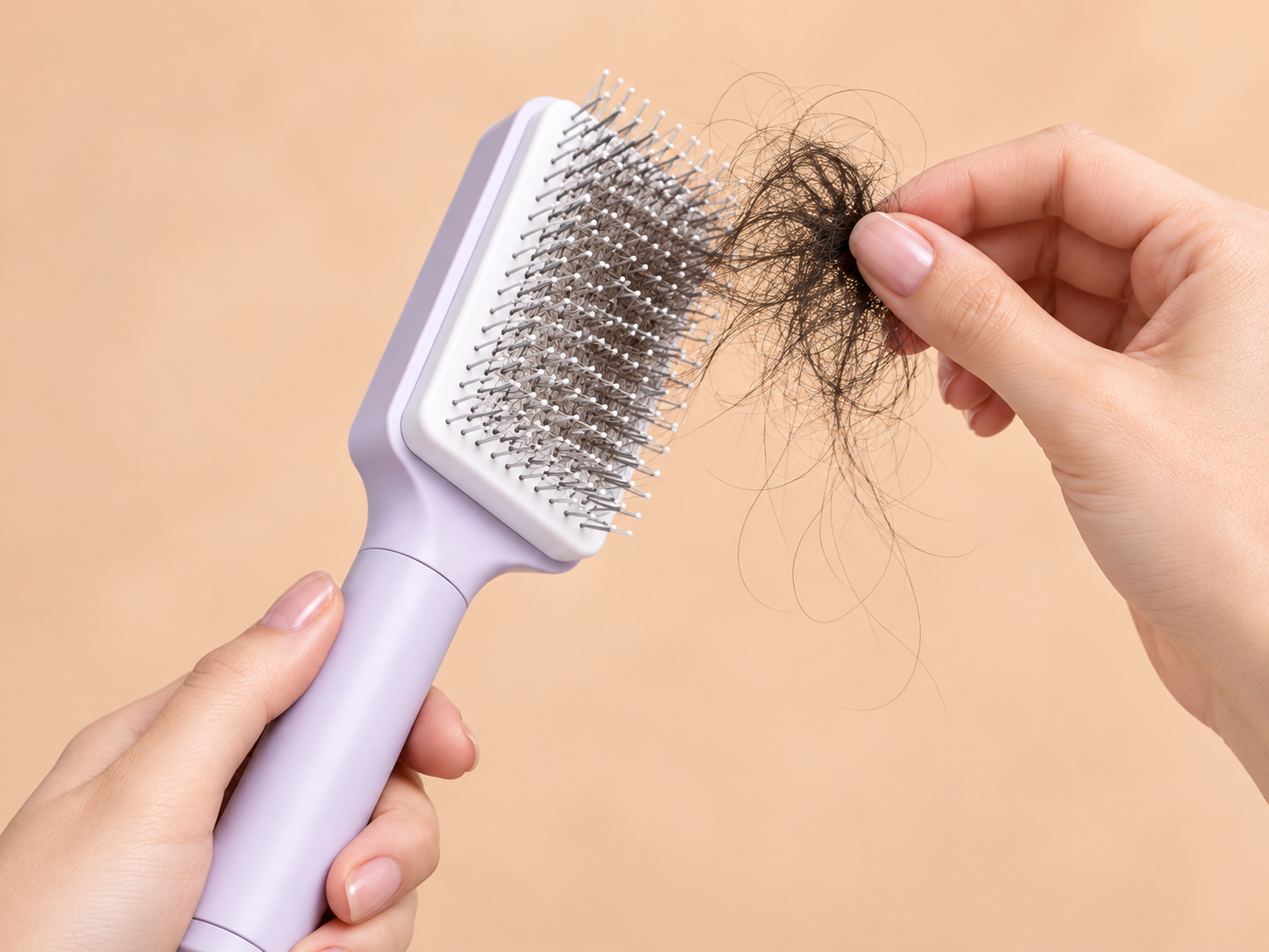 Hand lifting collected hair away from the VAYLIORA hairbrush, light purple