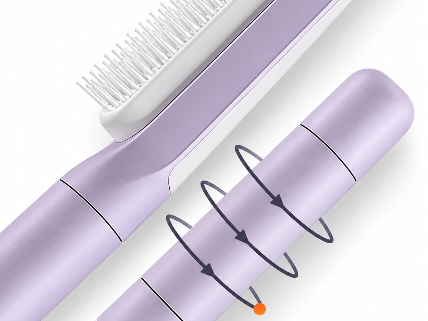 The VAYLIORA hairbrush handle mid-twist, with a rotation arrow showing the twisting motion